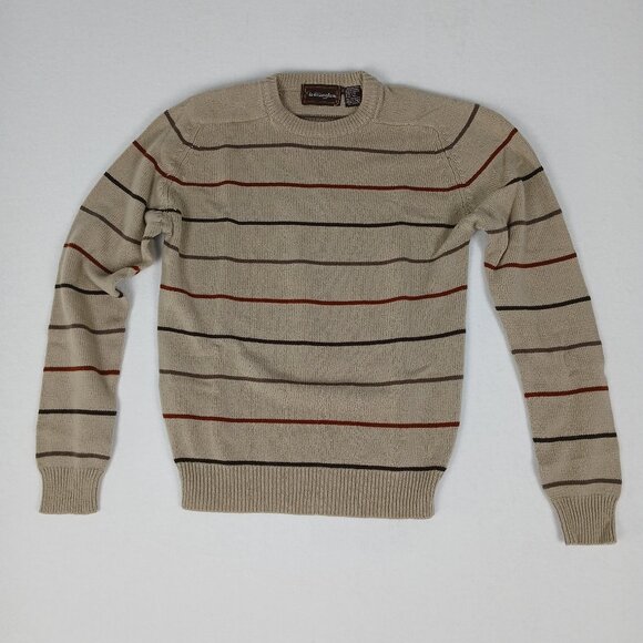 Vintage 90s Wellington Y2K Black Red Striped Tan Knit Crewneck Sweater - Picture 1 of 6